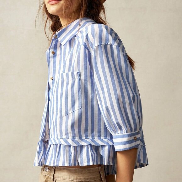 Blue white Casual Women's Vacation Striped Collared 3/4 Sleeve Ruffle top - Picture 5 of 7